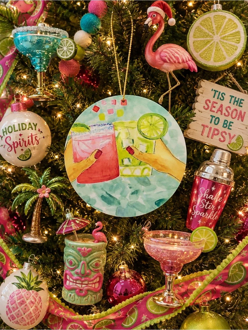 Holiday Cocktail Ornament - Pink & Green Festive Drink Hanging Decoration